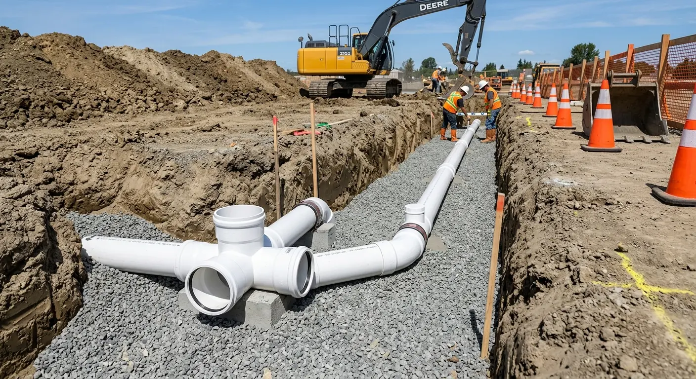 New PVC sewer pipe installation in open trench for Grease Trap Cleaning in Berkley