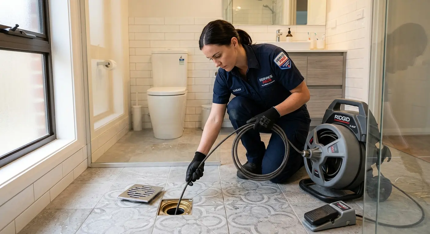 Technician clearing a bathroom floor drain for Drain Cleaning in Berkley